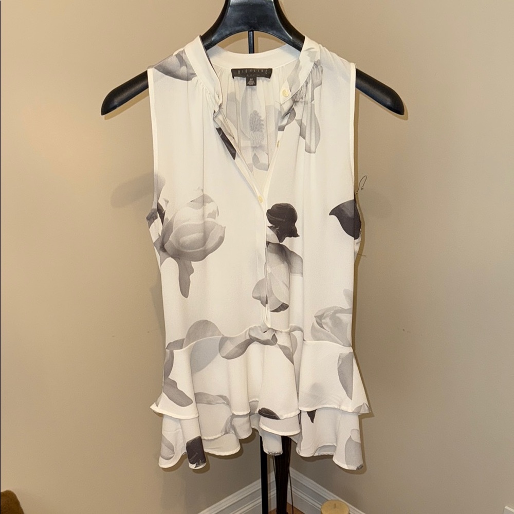 Highline White and Gray Ruffled Blouse with Mandarin Collar